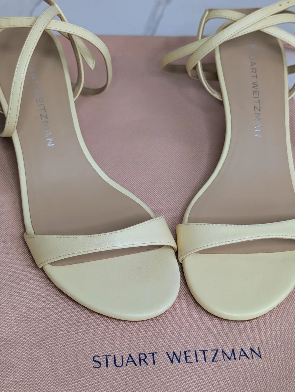 Stuart Weitzman Nudist Wrap Sandal Heels 8 Lemon Chiffon Strappy Kitten Heel - Picture 8 of 11